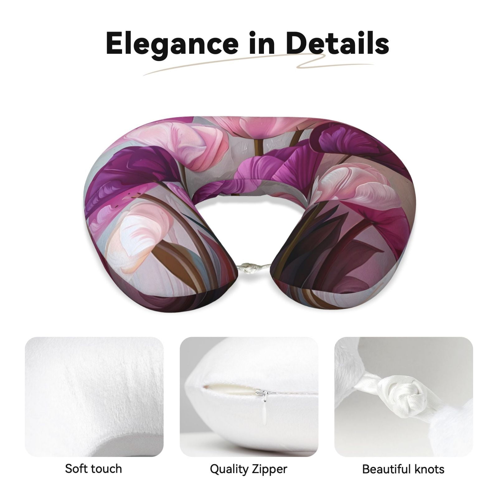 Xecao Purple And Pink Tulip Bouquet Print Memory Foam Cervical Neck Pillow Versatile U-Shaped Pillows for Home,Office,Camping,Travelling,Soft Washable Cover