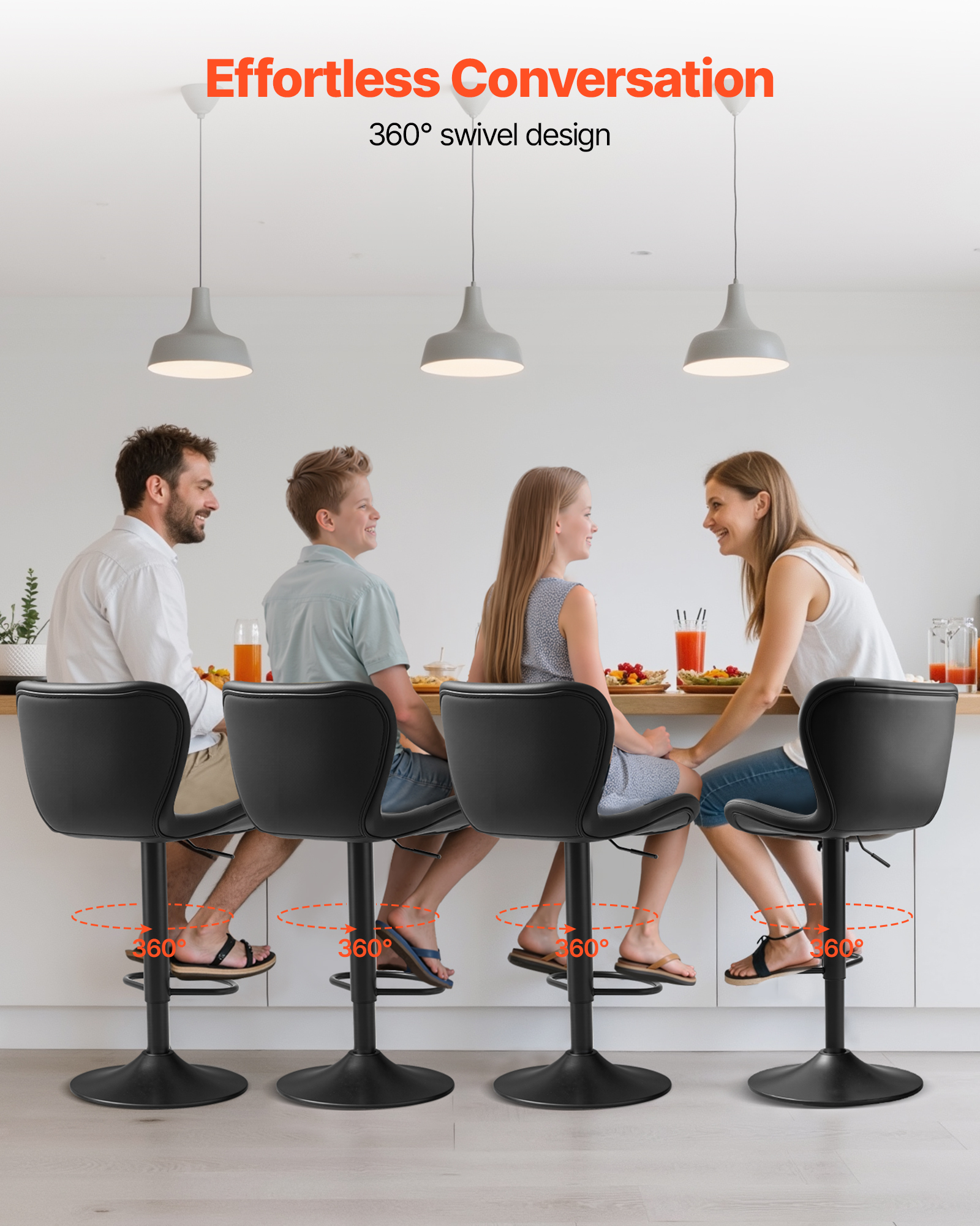 VEVOR Bar Stool Set of 4,Modern PU Leather Counter Height Stools,Swivel Kitchen Barstool with Back and Footrest, Height Adjustable Armless Bar Chair, Island Barstools for Kitchen, Dining Room, Black