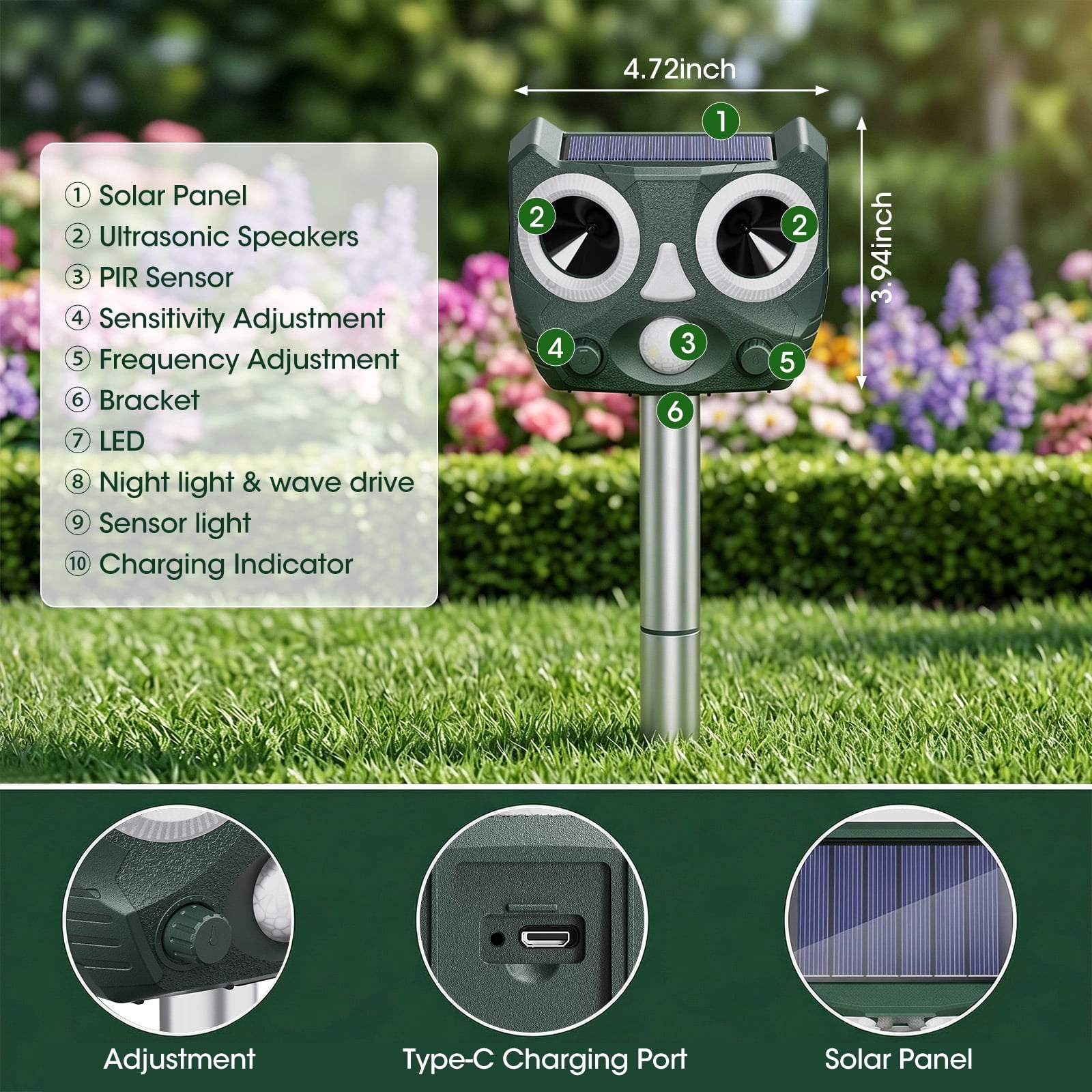 2026 Upgraded Solar Ultrasonic Animal Repellent Outdoor, Cat Squirrel Deer Repellent Devices with Waterproof Animal Deterrent for Garden Yard Farm