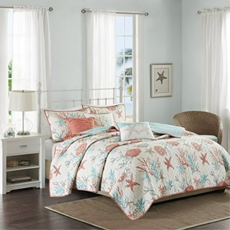 Coral And Teal Seashells Starfish Beach House Cottage Cal King