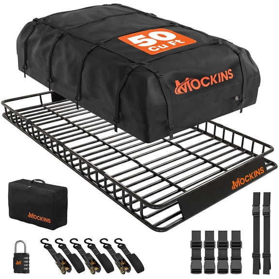Mockins 90"x50"x6" XXL Roof Rack Cargo Carrier Set with 50 Cu. Ft. Roof Top Cargo Carrier Bag, Straps, Lock and Carry Case