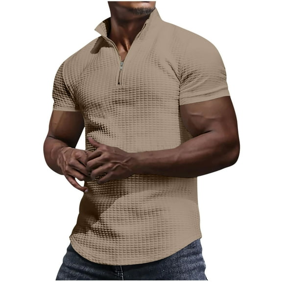 HBYJLZYG Men's Zipper Shirts Short Sleeve Casual High Neck T-Shirts Summer Solid Color Waffle Tops Khaki