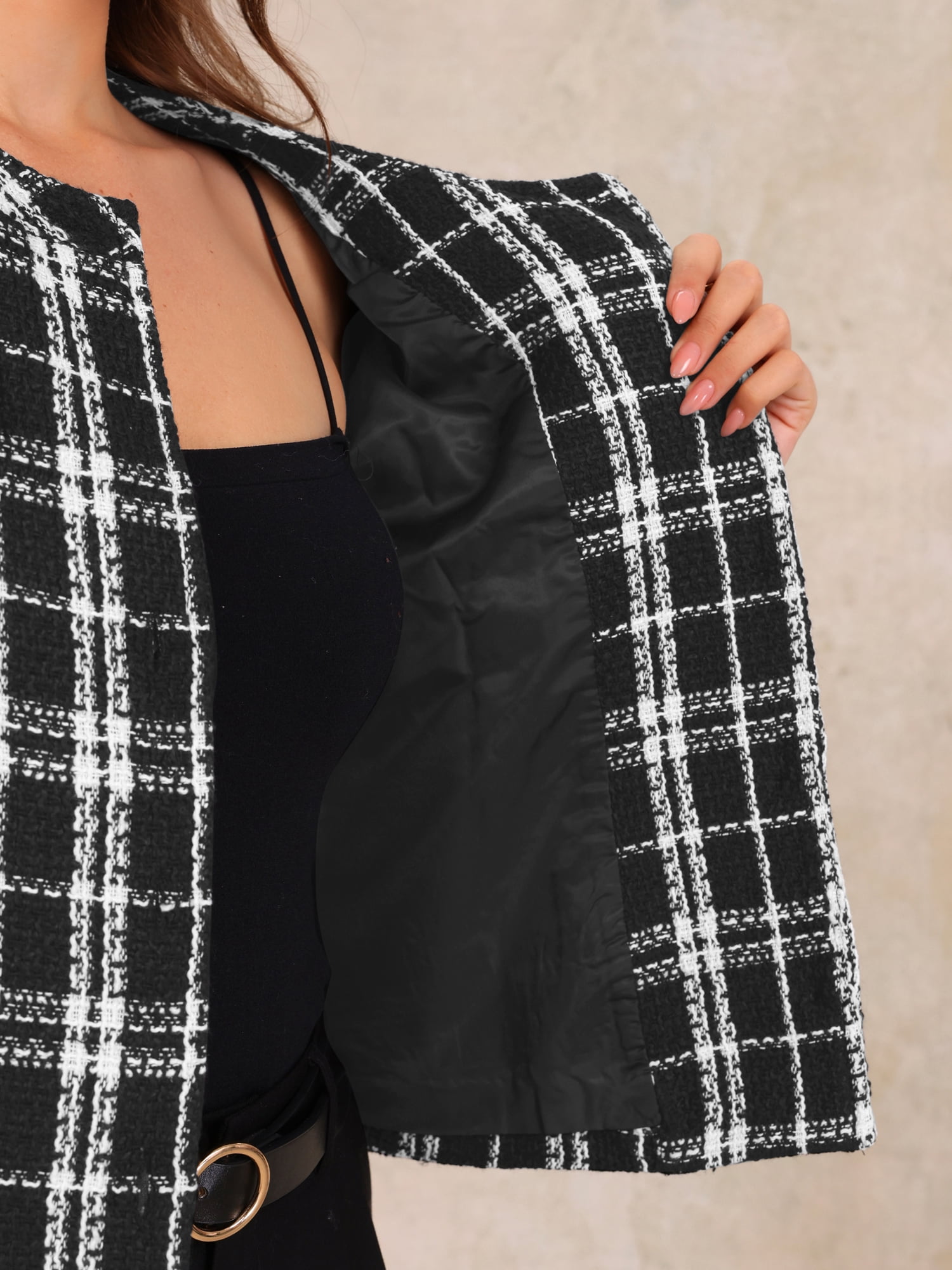 DARING DIVA Women's Casual Crew Neck Cropped Plaid Tweed Blazer Jacket XL Black White