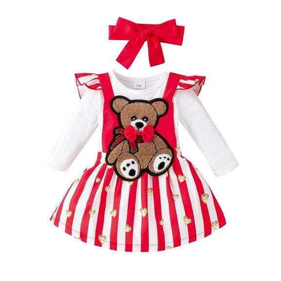 Musuos Baby Girl 3 Piece Set, 3 6 12 18M Long Sleeve Romper   Bear Embroidery Striped Suspender Skirt   Red Bow Headband Outfits
