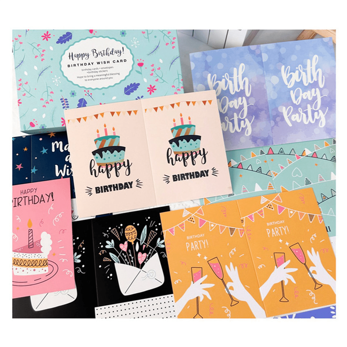 100Pcs Uniqe Birthday Cards with Envelopes and Stickers,Greeting Cards Birthday Cards Pack, Birthday Card Pack for Kids