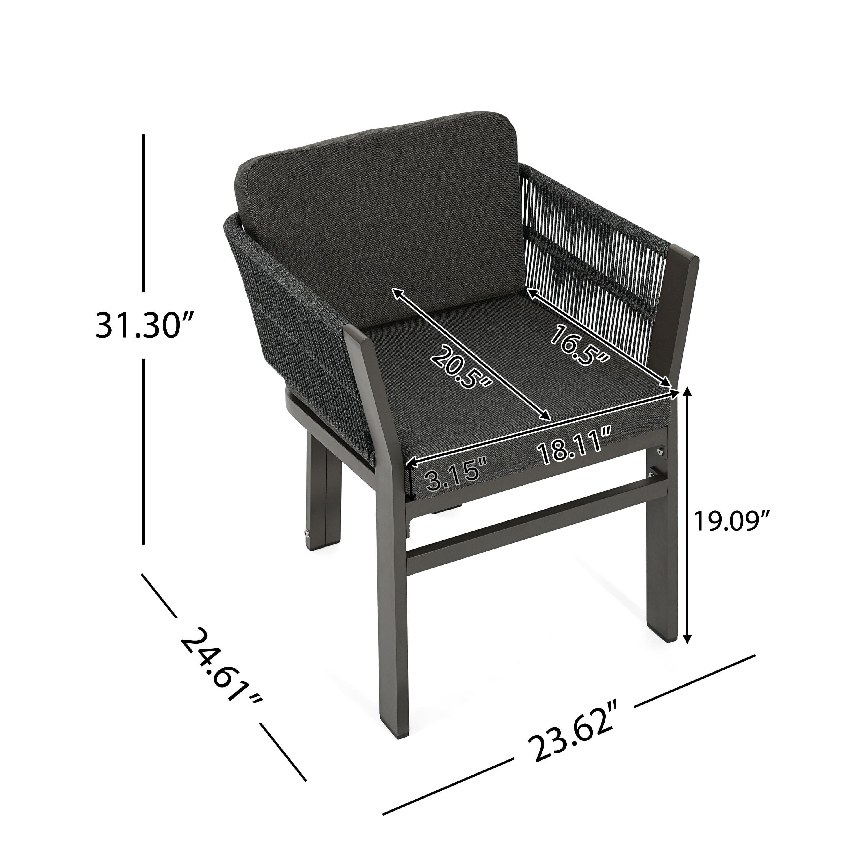 Outdoor Dining Chair Set of 2, Grey Aluminum Frame with Grey Cushion All-Weather Patio Seating, Grey