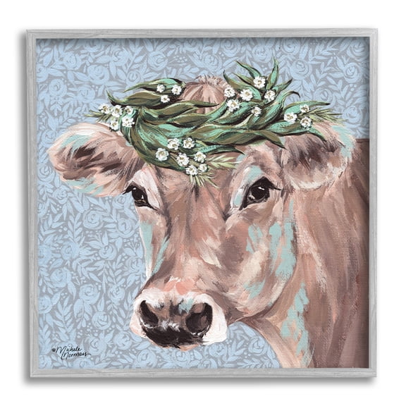 Stupell Industries Charming Rural Cow Portrait Floral Crown Paintings Gray Framed Art Print Wall Art, 12x12, by Michele Norman