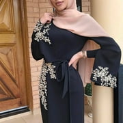 Aellinatey Women Muslim Dubai Abaya Long Sleeve Maxi Dress Floral Lace Beading Hijab Kaftan