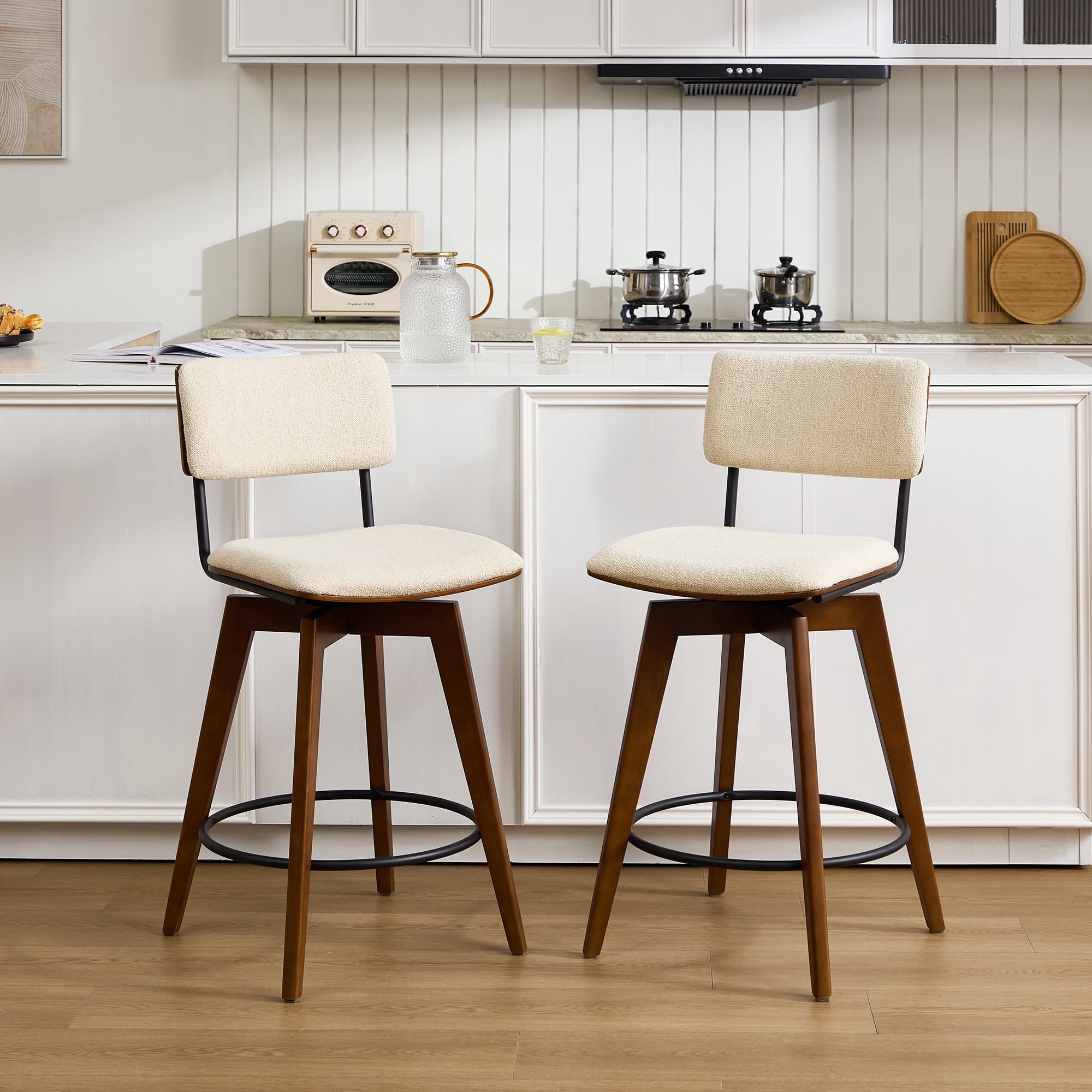 Zesthouse Swivel Counter Height Bar Stools Set of 2, 26" Upholstered Linen Barstools with Back and Walnut Wood Legs, Mid Century Modern Bar Chairs, Island Stool for Kitchen Counter, Beige
