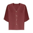 thumbnail image 5 of Ecqkame Womens 3/4 Length Sleeve Summer Tops Trendy Business Dressy Casual Blouses Solid Color V Neck Button Down Shirts Wine XXXXL, 5 of 8