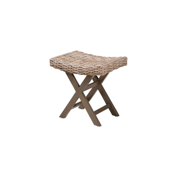 Grey Kubu Rattan Ottoman Footstool - Handwoven Mahogany Wood Frame - 17.3"L x 13"D x 17.3"H