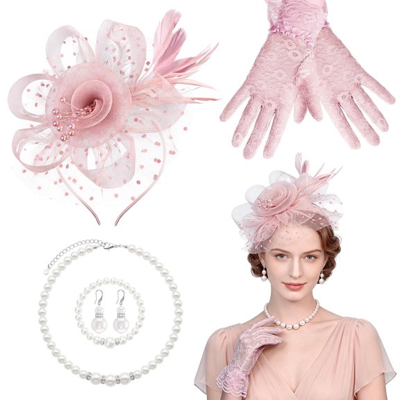 Blush Pink Fascinators Hat for Women, Tea Party Fascinator Headband Clip with Pearl Jewelry and Lace Gloves, Wedding Tea Party Accessories for Ladies