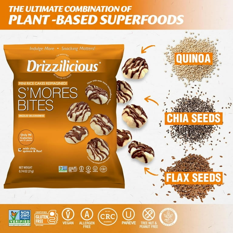 Drizzilicious Mini Rice Cakes Smores - Rice Crisps, Healthy Snack for Adults and Kids, Flavored Rice Cakes, Vegan, Non-GMO, Gluten Free, Allergen Free, and only 90 Calories Per Serving - 10 pk
