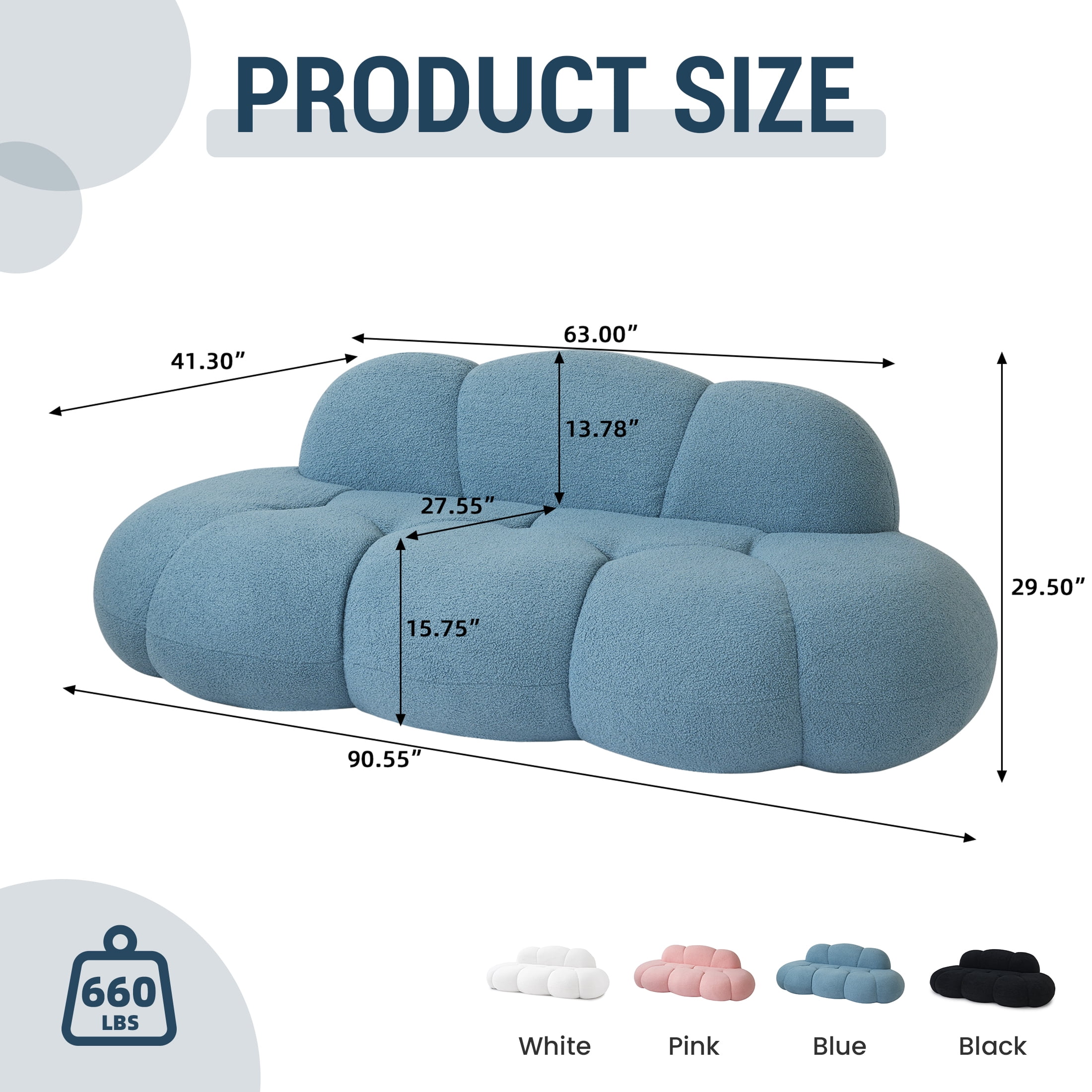 90" Modern Curved Cloud Shaped Couch for Living Room, Boucle LoveSeat 3 Seater Sofa, Upholstered Cloud Couch for Bedroom, Apartment, Small Space (Blue, No Assembly Required)