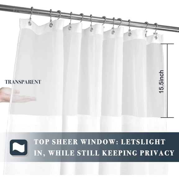Waffle Weave Shower Curtain with Snap-in Fabric Liner Set, 12 White Hooks Included - Hotel Style, Waterproof & Washable, Heavyweight Fabric & Mesh Top Window - 71x72, White
