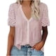 thumbnail image 2 of Puntoco 2024, tops de moda de verano para mujer, camisas informales de manga corta con ojal de encaje y cuello en V, blusas, tops, 2 of 7
