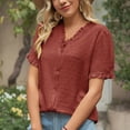 thumbnail image 2 of Estrela Blusa de manga corta para mujer Top con cuello en V Botón con volantes Blusa de manga corta de moda para trabajar Rojo S, 2 of 6