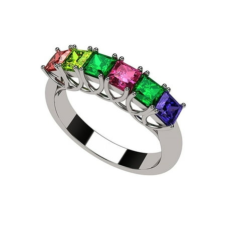 Mother Of Pearl Rose Ring - Princess Cut Lucita Style 1 to 7 Simulated Birthstones - Mother's Birthstone Ring- Sterling Silver-Size 5
