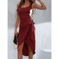 thumbnail image 6 of Women U Neck Sleeveless Wide Shoulder Straps Bodycon Dresses Waist Tie Knot Midi Dresses Wine Red S, 6 of 9