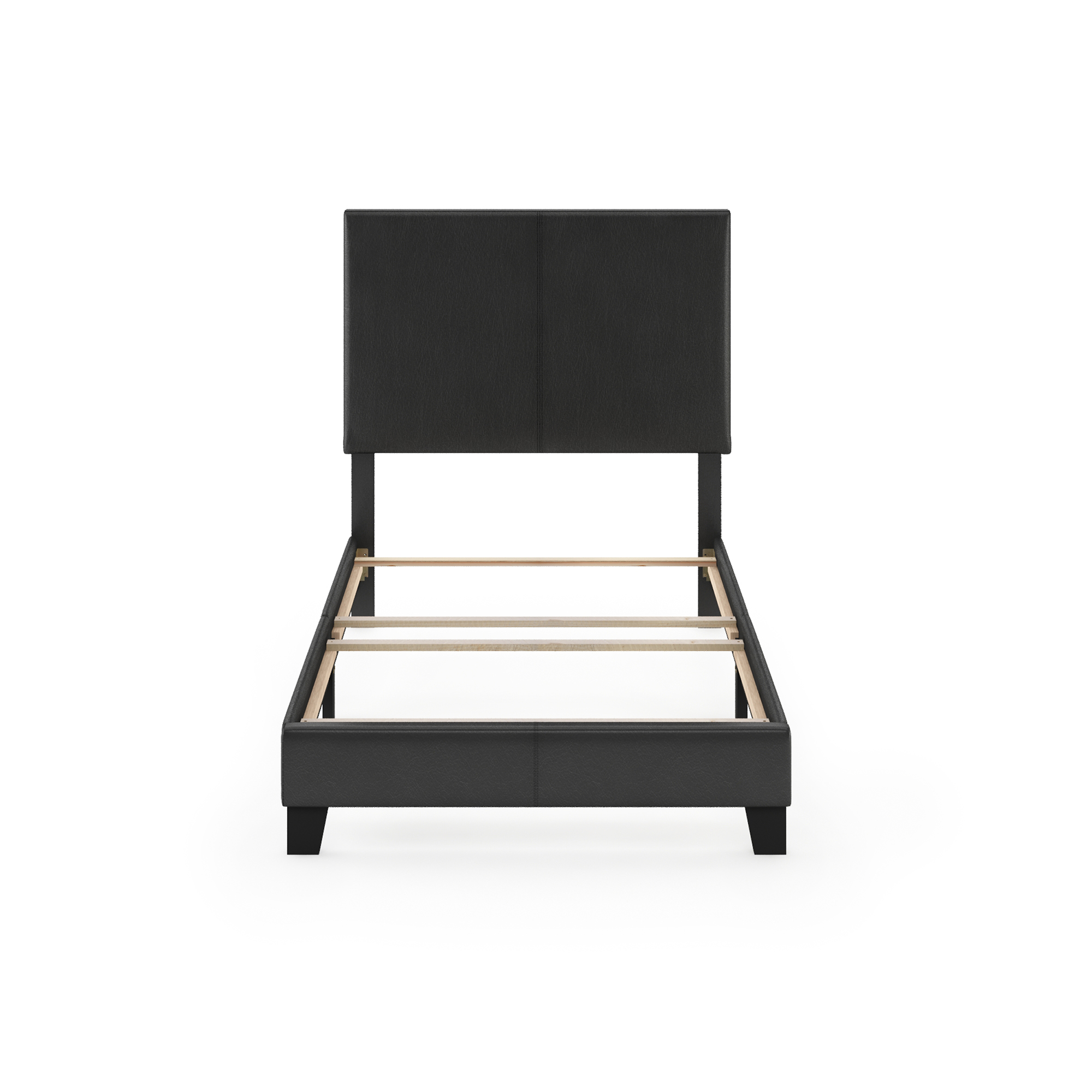 Furinno PESSAC Twin Upholstered Bed Frame with PU Leather Headboard and Wooden Slat Support, Plain Black