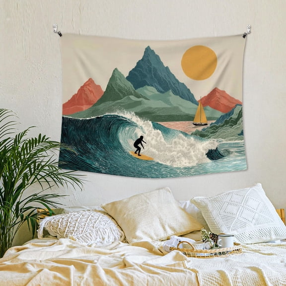 Coastal Beach Wall Tapestry, Ocean Beach Wall Tapestry Hanging for Bedroom, Vintage Coastal Surf Palm Tree Sunset Landscape Tapestries Decor Art for Home Living Room, 40x30in
