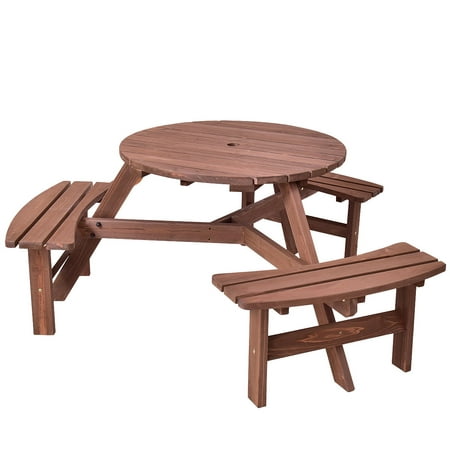 6 Person Outdoor Wood Picnic Table Beer, Round Patio Table For 6 8 Persons