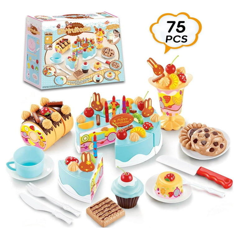 Birthday Cake Toy Play Food Set 75 Pieces Plastic Kitchen Set