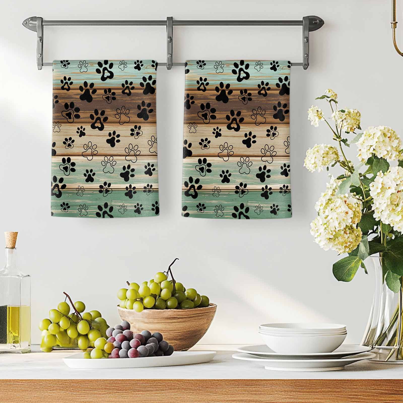 Teal Brown Kitchen Towels Set of 2, Pet Paw Printed Farmhouse Dog Claws Wood Grain Absorbent Dish Towels for Kitchen, Microfiber Hand Towel, Quick Drying Tea Towel for Cleaning Decorative Dishcloths