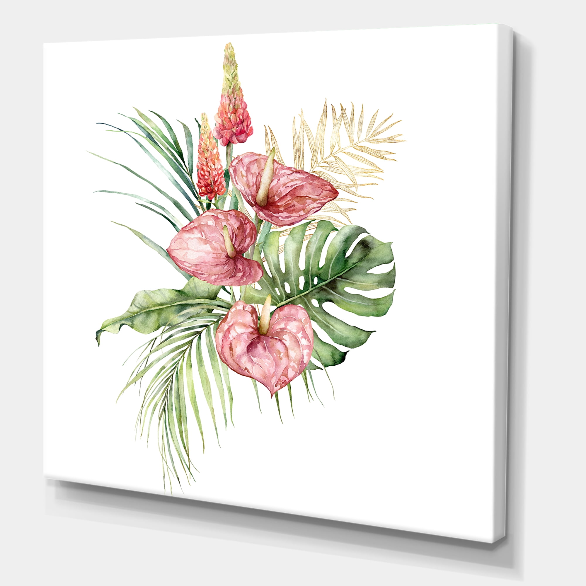 Designart ' Tropical Bouquet With Anthurium Lupine and Leaves On White I ' Traditional Canvas Wall Art Print