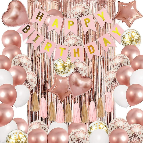 Kit de decoración para fiesta de cumpleaños en oro rosa, confeti, globos de papel de aluminio, pancarta de feliz cumpleaños, borlas, cortinas con flecos metálicos para 30, 40, 50 y 60 años.