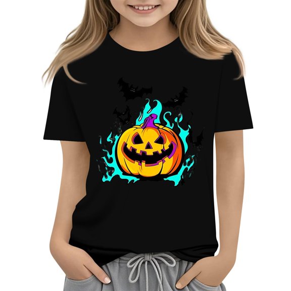 Abcomgle Halloween Shirts for Girls 5t Spooky Colorful Flame Pumpkin Bat Tshirts for Kids Crewneck Short Sleeve T-Shirts for Girls Fall Funny Holiday Tee Top Girls