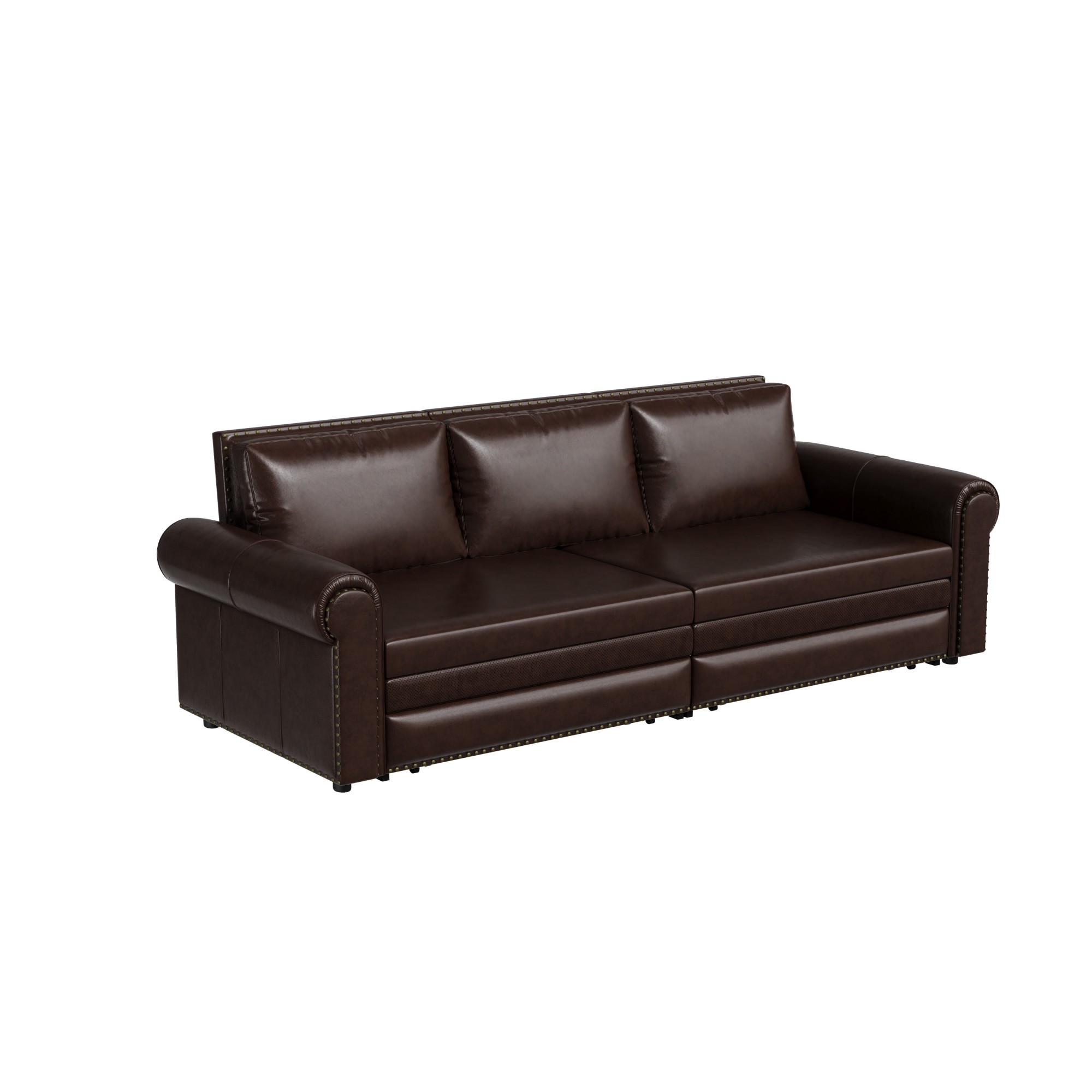 Aukfa 93.7" King Pull Out Sofa Bed, Faux Leather 3-in-1 Convertible Chesterfield Sleeper Sofa Couch with Nailhead Trim & Rolled Arms, Dark Brown