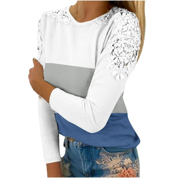 WREESH Womens Fashion T-Shirts Color Block Casual Round-Neck Lace Hollow Out Long Sleeve Pullover Slimming Blouse T-Shirt Tops Blue