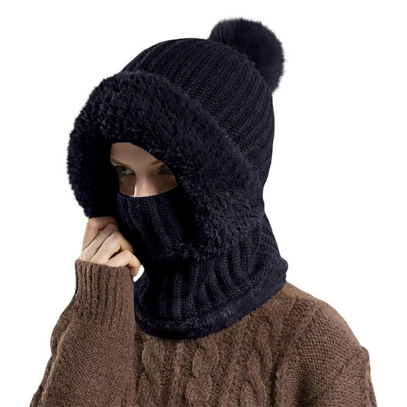 3 in 1 Beanie Hat for Women Fleece Beanies for Men Fashion Accessories Face Mask Pom Pom Plush Women's Hats & Caps Navy