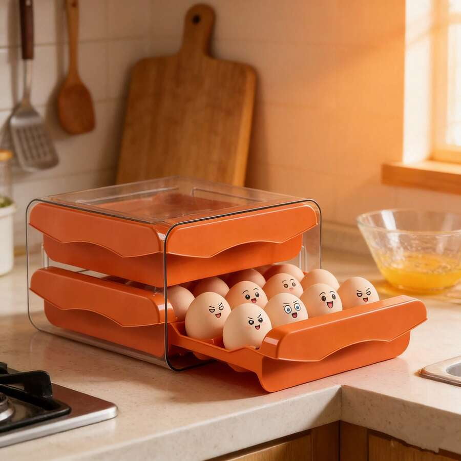 32 Egg Capacity Refrigerator Egg Drawer, Stackable Plastic Egg Container, Clear Egg Holder With 2 Drawers, Fridge Organizer For Kitchen Storage /orange