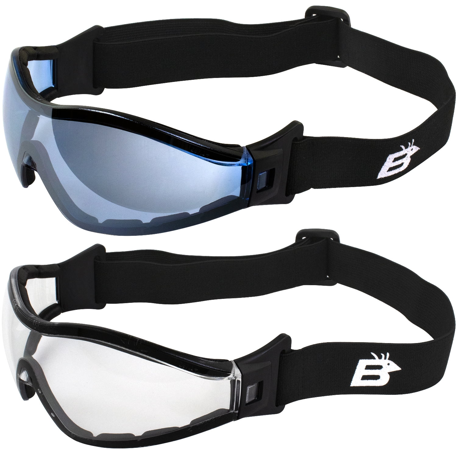 Birdz 2 Pairs Eyewear Boogie Black Foam Padded Motorcycle Ski Skydiving Goggles with Smoke & Blue Mirror Anti-Fog Lenses 