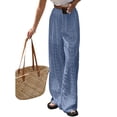 thumbnail image 2 of Womens Summer Solid Color Hollow Out Embroidery Casual Elastic Waist Long Pants Versatile Comfort Blue L, 2 of 8