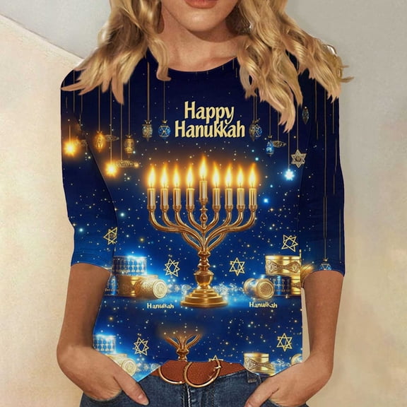 Qulqfy Happy Hanukkah Shirts for Women Funny 3/4 Sleeve Plus Size Tops Chanukah Novelty Crew Neck Menorah Party Tops Blouses for Women L