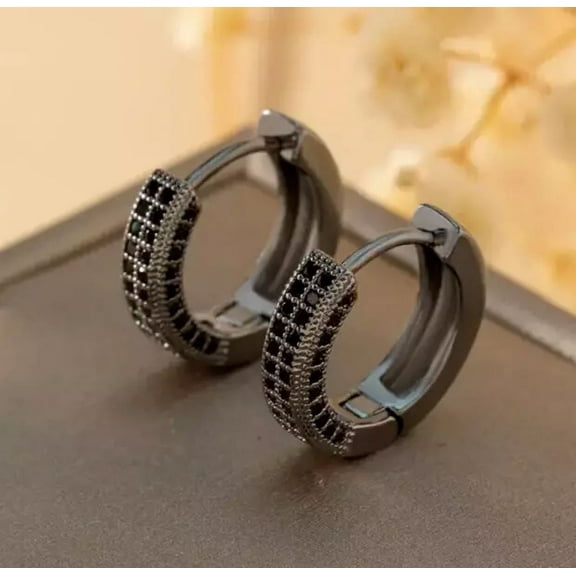 Exquisite Rhodium Plated Black Micro Pave Cubic Zirconia Men Women Hoop Earrings
