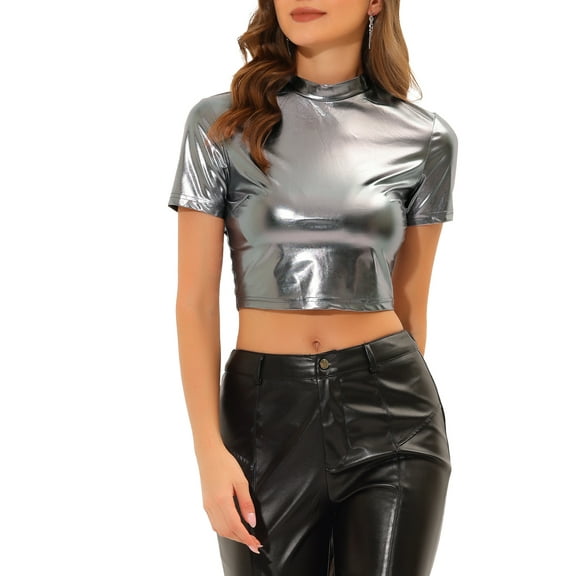INSPIRE CHIC Women's Mock Neck Party Short Sleeve Metallic Crop Tops XS Silver Grey