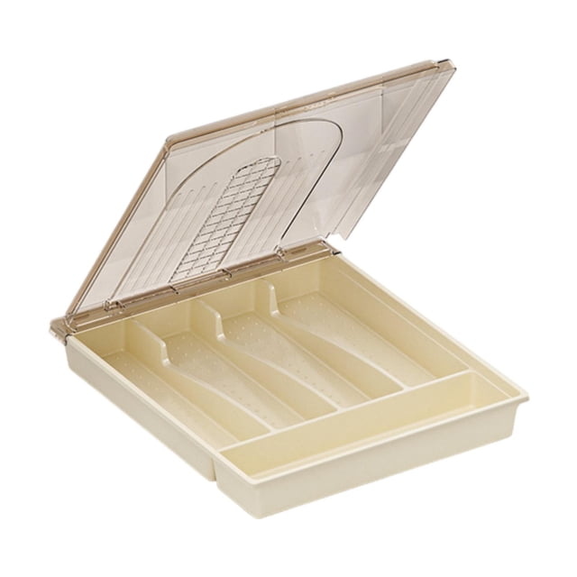 Bandeja para cubiertos, caja de almacenamiento de escritorio con 5 compartimentos, bandeja para utensilios de cocina con tapa marrón