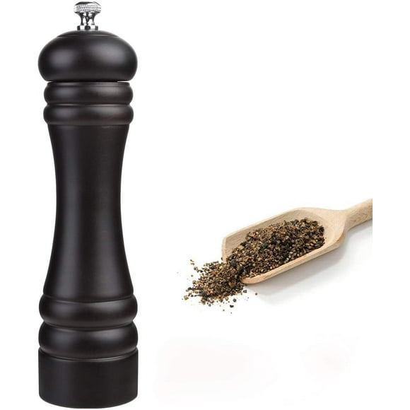 Torubia Wooden Pepper Grinder or Salt Mill, 10.82 Inch Peppercorn Grinder with Adjustable Roughness Ceramic Rotor and Easily Refillable, Oak Wood Capstan Sea Salt Mill for Your Kitchen, Black