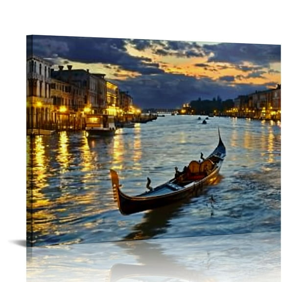 Creowell  Venice Night Canvas Prints Wall Art Italy City Skyline Landscape Picture Paintings for Living Room Bedroom Home Decor Modern Stretched and Framed Cityscape Artwork 20x16in