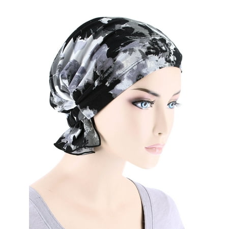 - Turban Plus The Abbey Cap ® Womens Chemo Hat Beanie Scarf Turban for Cancer Blended Knit Black Gray Water Floral