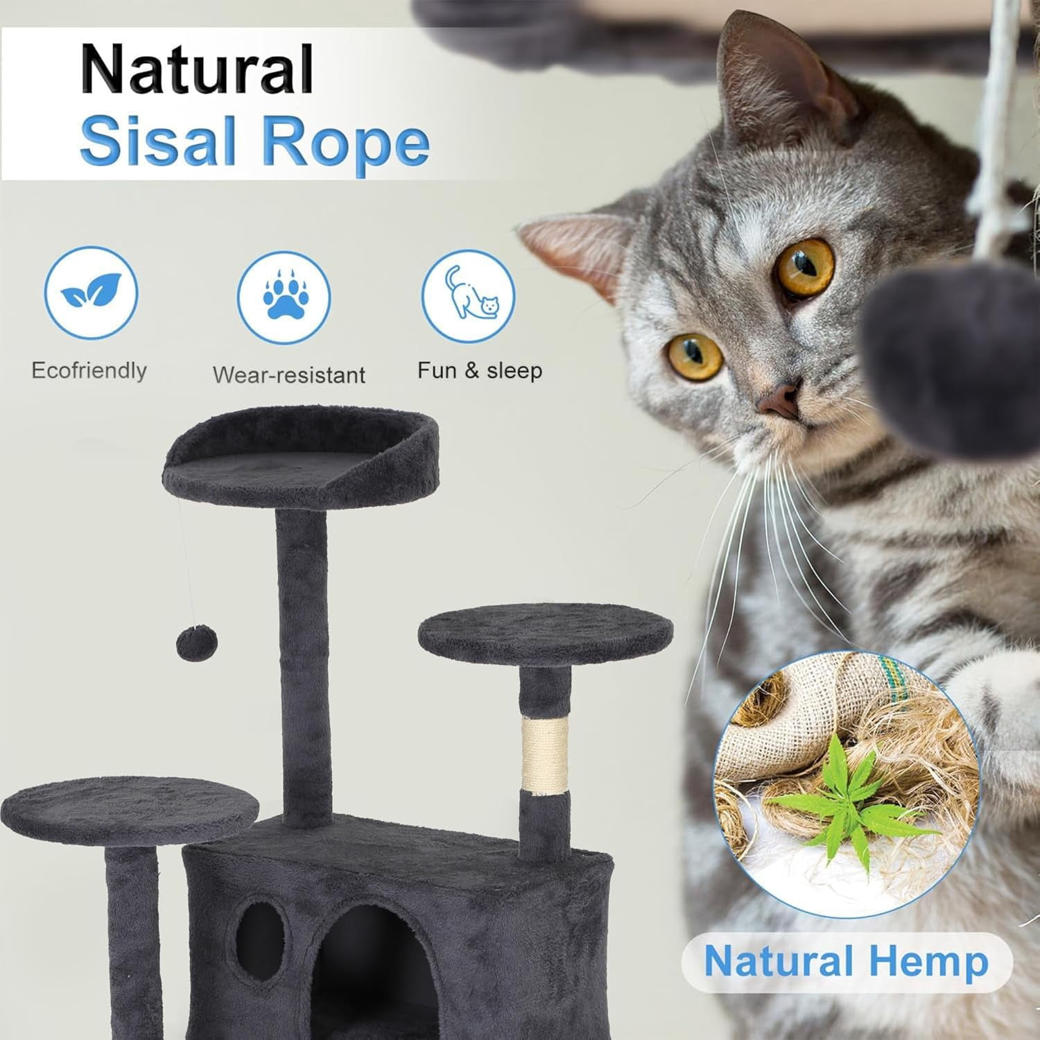 FDW 60 inch Dark Gray Cat Tree Tower, Cat Condo with Scratching Posts & Toys for Active Cats
