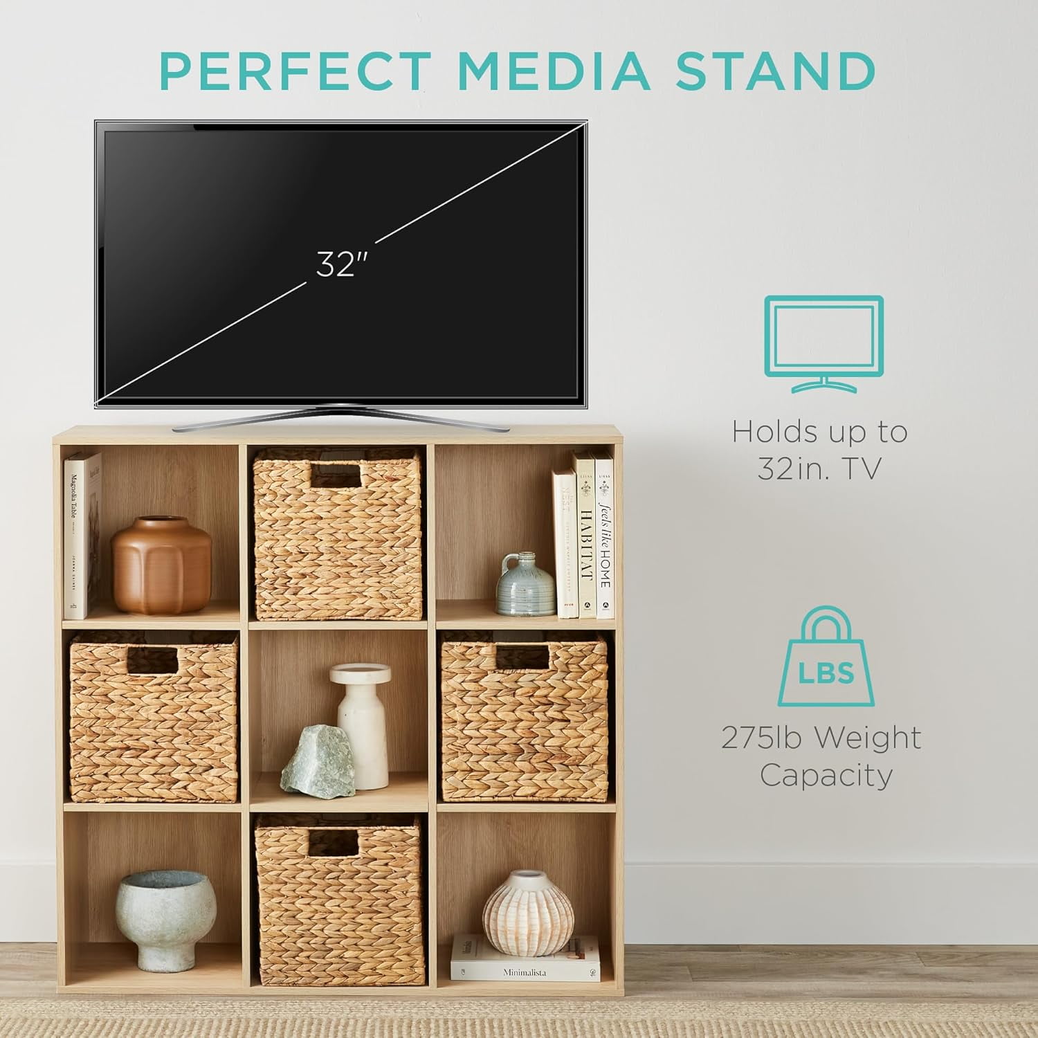 9-Cube Storage Organizer, 11in Shelf Opening, Bookcase, Display Shelf, Customizable w/ 3 Removable Back Panels - Light Oak