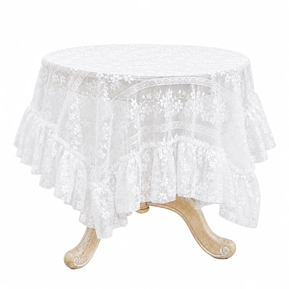 French Farmhouse Vine Embroidery Lace Tablecloth 35x35 Inch, Square Decorative Table Cover with Pleated Ruffle Edge for Coffee Table Dining Table