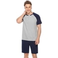 thumbnail image 3 of Purcoar Sykooria Men's 100% Cotton Pajama Set 2 Pcs Summer Crewneck Short Sleeve Raglan Pjs Sleepwear(Grey-blue,Large), 3 of 5