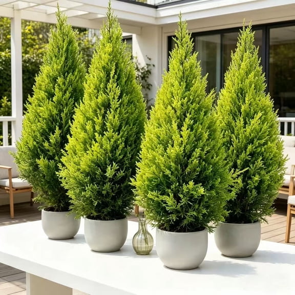 18.8 Inch Artificial Cedar Topiary 4 Pack - Faux Evergreen Trees for Outdoor Patio Decor, UV Resistant, No Pot Included