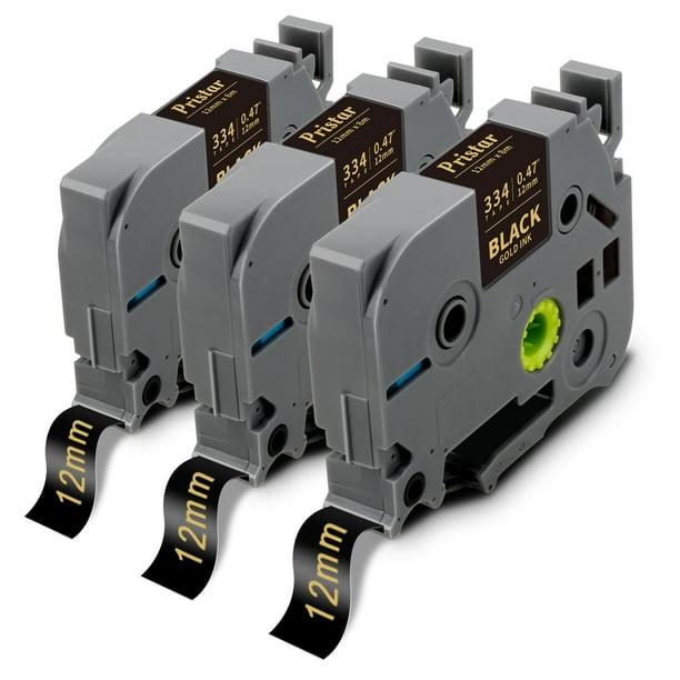 Cinta adhesiva Pristar TZe-334, 12 mm x 8 m, oro sobre negro, paquete de 3